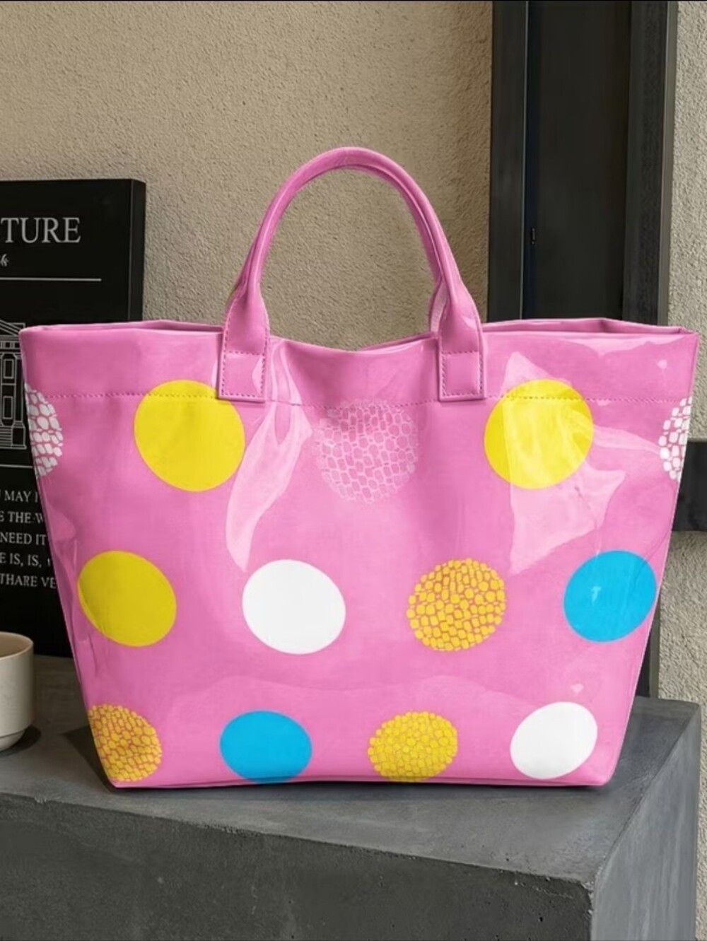 Beautiful Light Pink Polka Dot PVC Shoulder Hand Tote Large